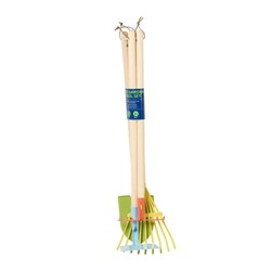 Saxon Kids Garden Set Timber Shovel, Garden Rake, Leaf Rake Hoe (4 Piece Set)