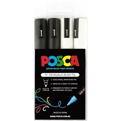 Uni Posca Paint Marker PC-5M Medium 2.5mm Bullet Tip Black And White Pack of 4