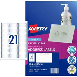 Avery Crystal Clear Laser Address Labels 63.5x38.1mm 21UP 210 Labels 10 Sheets