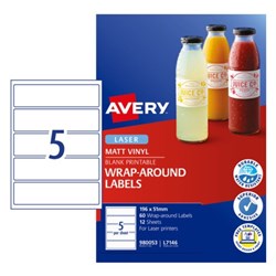 Avery Durable Blank Printable Labels L7146 196 x 51mm Wrap Around Matt White 5UP 60 Label