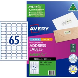 Avery Premium Address Labels White Laser Inkjet AveryEco J8651 38.1x21.2mm 65UP 3250 Lb