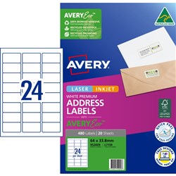 Avery Premium Address Labels White Laser Inkjet AveryEco L7159 64x33.8mm 24UP 480 Lab
