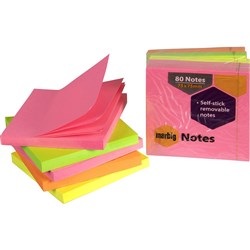 Marbig Repositionable Notes 75 x 75mm Brilliant Neon 80 Sheet Pad Assorted Pack 5