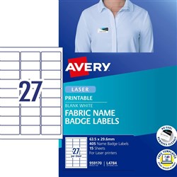 Avery Fabric Name Badge Laser Labels White L4784 63.5x29.6mm 27UP 405 Labels 15