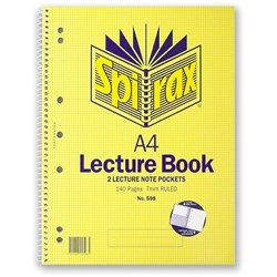 Spirax 598 Lecture Book Perforated With Note Pockets A4 Ruled 140 Page Side Open
