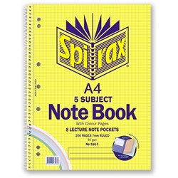 Spirax 596C 5 Subject Notebook Note Pockets/Perforated A4 Ruled 250 Colour Page