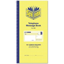 Spirax 550 Telephone Message Book Carbonless 4 Per Page 160 Duplicate Sets Side