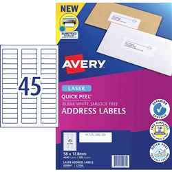 Avery Quick Peel Address Laser White L7156 58x17.8mm 45UP 4500 Labels 100 Sheet