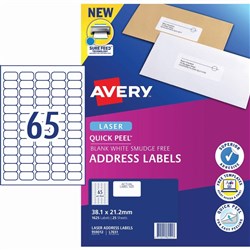 Avery Quick Peel Address Laser  White L7651 38.1x21.2mm 65UP 1625 Labels 25 Sheet
