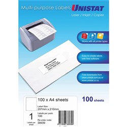 Unistat Laser Copier & Inkjet Labels 297x210mm 1UP 100 labels 100 sheets