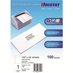 Unistat Laser Copier & Inkjet Labels 297x210mm Back Slit 1UP 100 labels 100 sheets