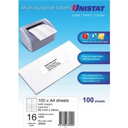 Unistat Laser Copier & Inkjet Labels 99x38mm with Margin 16 UP 1600 Labels 100 Sheets