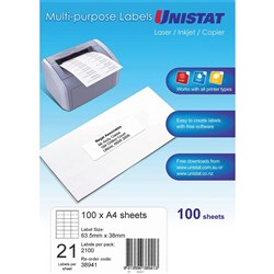 Unistat Laser Copier & Inkjet Labels 63.5x38mm 21UP 2100 labels 100 sheets