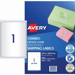 Avery Crystal Clear Laser Shipping Labels White L7567 199.6x289.1mm 1UP 25 Label