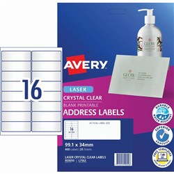 Avery Crystal Clear Laser Labels White L7562 99.1x34mm 16UP 400 Labels