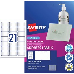 Avery Crystal Clear Laser Labels White L7560 63.5x38.1mm 21UP 525 Labels