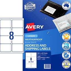 Avery Weatherproof Address & Shipping Laser White L7070 99.1x67.7mm 8UP 80 Label