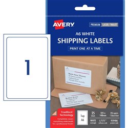 Avery Shipping Laser Labels White L7175 A6 105x148mm 1UP  25 Labels 25 Sheets