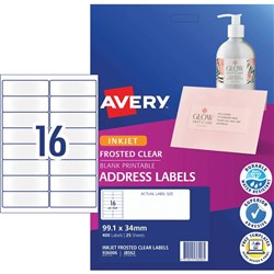 Avery Frosted Clear Inkjet Adress Labels J8562 99.1x24mm 16UP 400 Labels