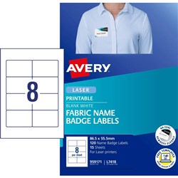Avery Fabric Name Badge Labels  White L7418 86.5x55.5mm 8UP 120 Labels, 15 Sheets