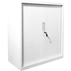 Steelco Tambour Door Cupboard 1015Hx900Wx463mmD 2 Shelf White Satin