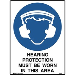 Brady Mandatory Sign Hearing Protection Must Be Worn 450W x 600mmH Poly White/Bl