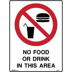 Brady Prohibition Sign No Food Or Drink In This Area 450W x 600mmH Poly White/Re