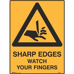 Brady Warning Safety Sign Sharp Edges Watch Your Fingers 450Wx600mmH Metal Yellow