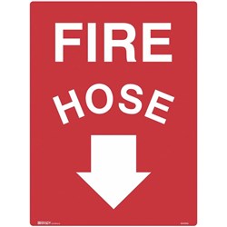 Brady Fire Sign Fire Hose with Arrow Down 450W x 600mmH Metal White/Red