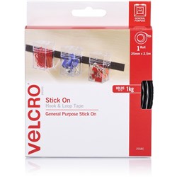 Velcro Brand Stick On Hook & Loop 25mm x 2.5m Tape With Dispenser Black