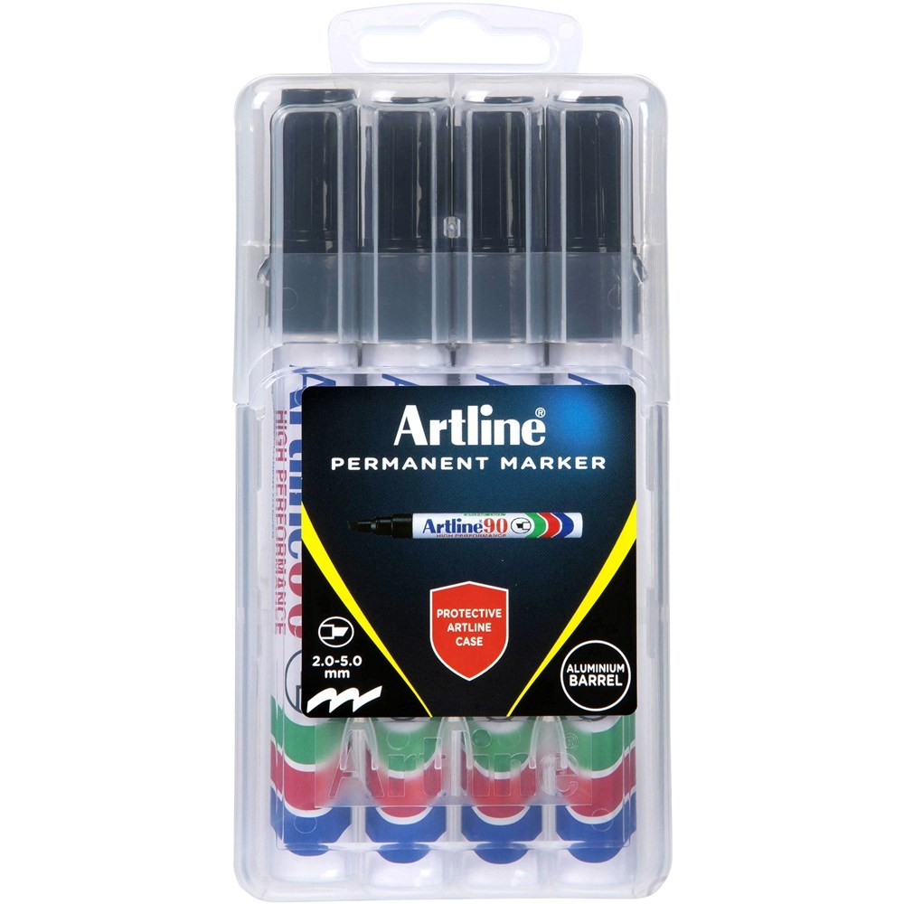 Markers & Highlighters Artline 90 Permanent Markers Chisel Hard Case Black Pack Of 4 Stuart